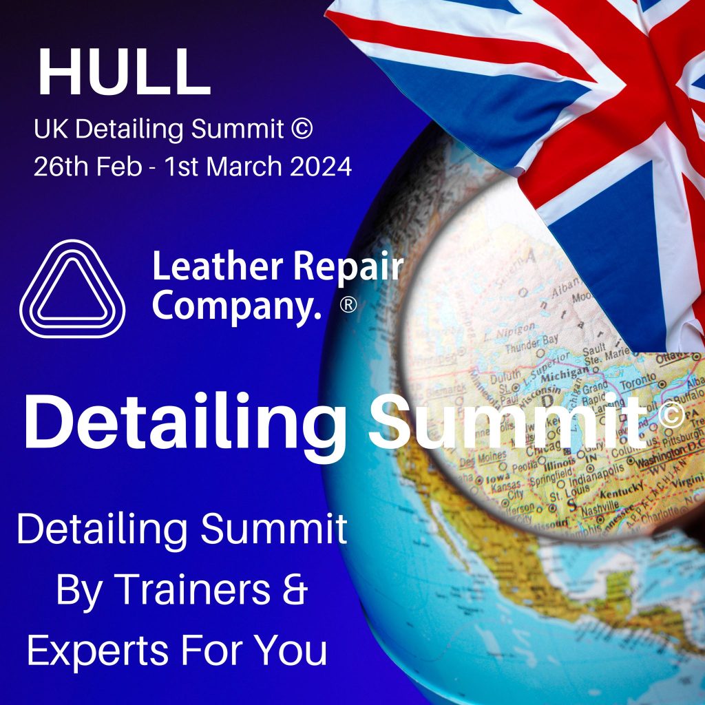 Leather Repair Company UK Detailing Summit Thumbnail, showing a globe with a magnifying glass, with the text: Detailing Summit by trainers and experts for you