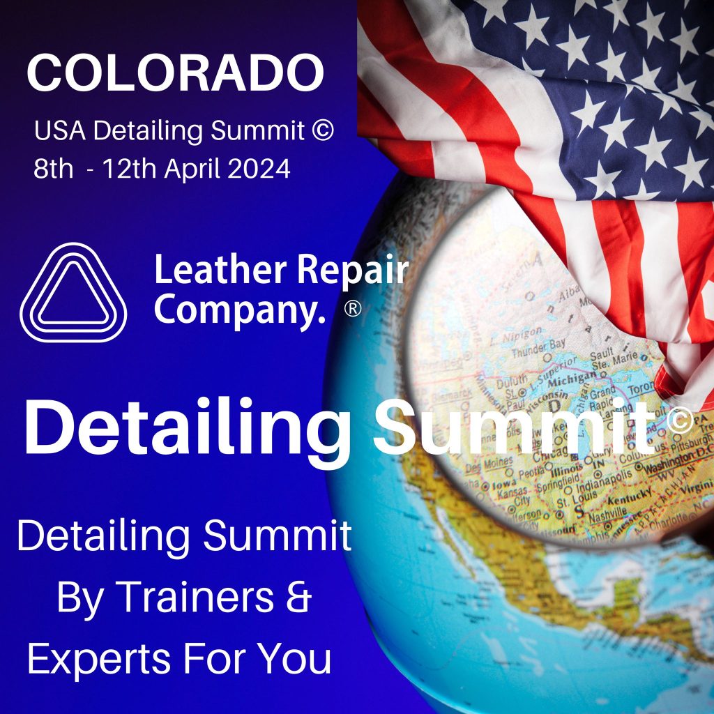 Leather Repair Company USA Detailing Summit Thumbnail, showing a globe with a magnifying glass, with the text: Detailing Summit by trainers and experts for you